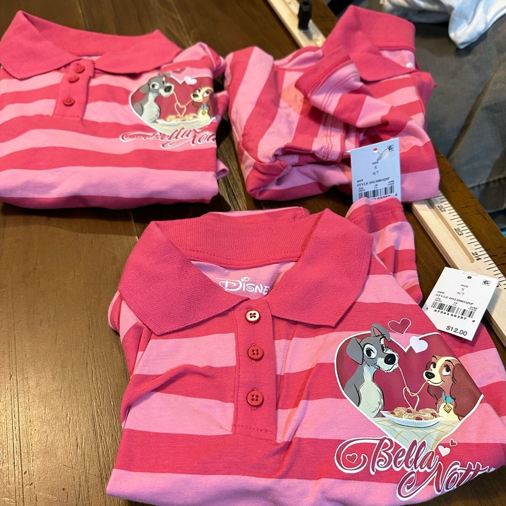 Disney Girls Pink Striped Cropped Lady & the Tramp Polo Shirt various sizes - Picture 3 of 12